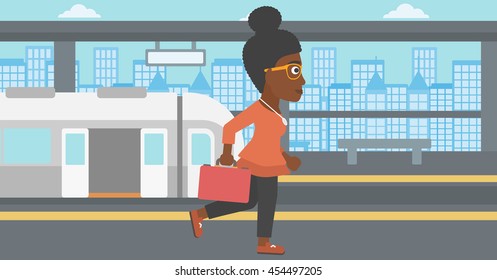 An african-american young woman walking on the train platform on the background of train with open doors. Vector flat design illustration. Horizontal  layout.