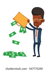 Africand epressed bankrupt shaking out money from his briefcase. Despaired bankrupt businessman emptying a briefcase. Bankruptcy concept. Vector flat design illustration isolated on white background