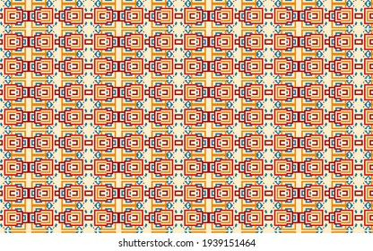 African-inspired seamless pattern with vivid colors. Vector pattern with red, orange and blue shapes and lines on a yellow background. Textile and print pattern.
