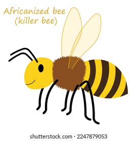 Africanized bee (killer bee) (Apis mellifera) cute animal in colorful cartoon style isolated on white background. Vector graphics. Africanized bee is a hybrid of the western honey bee.