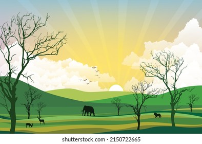 Africans Landscape with elephants lion and deer illustration vector design