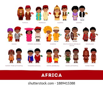 Africans in national clothes. Africa. Set of cartoon characters in traditional costume. Cute people. Vector flat illustrations.