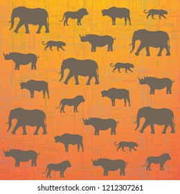 Africa's Big Five animals: Elephant, Lion, Leopard, Rhino and Buffalo. Safari stylised background.
