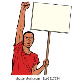 Hombre africano protesta con un afiche. Aislar sobre fondo blanco. Dibujo kitsch vectorial vintage de arte pop retro