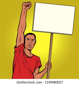 Afrikan man protests with a poster. Pop art retro vector illustration vintage kitsch drawing