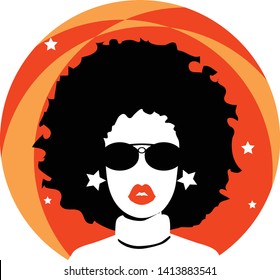 Afro 1970's fashion female with star on orange background 