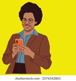 An Afro African American lady dressed in a stylish brown suit, holding her phone and checking it with a focused yet approachable expression, set in a professional and modern environment.