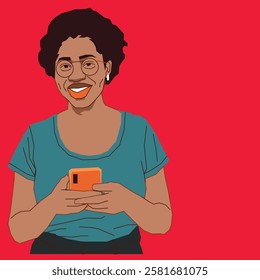 An Afro African American lady smiling brightly after reading her phone messages, exuding happiness and positivity in a relaxed and cheerful setting.