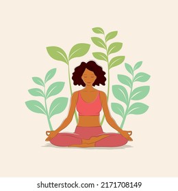 Afro African American woman practicing meditation and mindfulness by doing yoga in lotus position with nature background. Flat cartoon style. Healthy and lifestyle concept. Vector illustration.