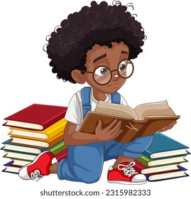 Afro African with curly hair boy reading a book illustration