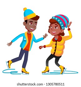 Afro Americal Girl And Boy In Winter Clothes Skating On Ice Vector. Isolated Illustration