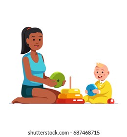 Afro American Babysitter Or Stepsister Playing Educational Game Together With Baby Boy, Building Stack Up Ring Pyramid Toy. Multi-ethnic Family Mom & Toddler Son. Flat Vector Isolated Illustration.