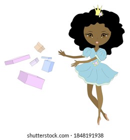 Afro American ballerina, dancer, princess with gift boxes. Vector illustration.