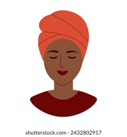 Afro American beautiful girl portrait wearing turban headdress hand drawn flat vector illustration, isolated background silhouettes of ethnic south african character, design element for card, print