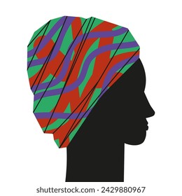 Afro American beautiful girl in profile wearing turban headdress hand drawn flat vector illustration isolated background silhouettes of ethnic south african character, design element for card, print