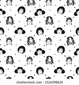 Afro American beautiful women with different coiffures seamless pattern in black and white. Colored page background. Linear illustration