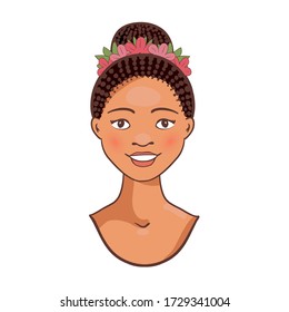 Afro American beautiful young woman avatar. African girl smiling emoticon.  Female face icon Isolated on a white background. Vector Illustration.