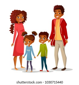 Afro American black family in casual clothing vector cartoon flat illustration. Happy father and mother parents, boy and girl children teens characters of African American nationality