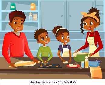 Afro American black family together preparing food meal at kitchen vector flat cartoon illustration. African family of happy father and mother with daughter and son children cooking together