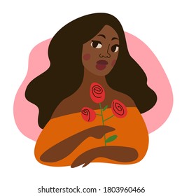 Afro american, black girl with long dark hair with rose. Portrait of a young African woman. Concept of fighting for equality and black women empowerment movement. Vector illustration