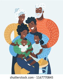 Afro American Or Black Happy Cartoon Family With Mother, Father, Grandfather Grandmother Or Curly Hair Grandma, Or Grandpa, Daughter, Kid, Baby, Child. Group Family Portrait, Smiling Mom, Parent Care.