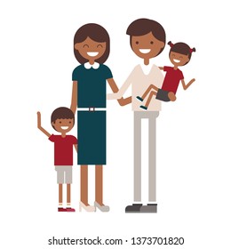Afro american or black happy cartoon family with mother, father, daughter, kid, baby, child. Group family portrait, smiling mom, parent care.