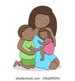 Afro American black skin family, loving tender mother with two cute happy children, teenage boy and little girl, hugging each other, isolated on white background, editable strokes, vector illustration