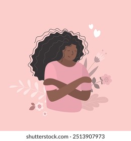 Afro American black woman. Beauty girl portrait with curly hair. Fashionable lady hugs himself, love your body. flat design vector illustration