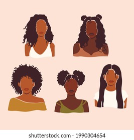 Afro American black women abstract faceless portrait with curly hair on the pink isolated background.