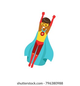 Afro american boy character dressed as a super hero flying in the traditional heroic pose cartoon vector Illustration