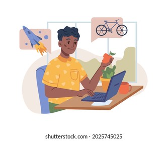 Afro american boy with computer sitting at table and dreaming about flight to space on rocket. Vector leisure time, young man sitting on chair at desk with laptop and looking for new bicycle