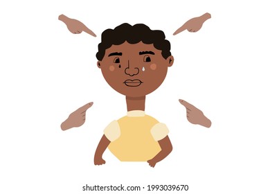 Afro american boy crying. Fingers pointing on the sad teenager. Bullying victim. Vector illustration in hand drawn cartoon style. 