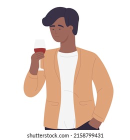 Afro american boy drinking glass of wine. Party beverages, alcohol consumption vector illustration