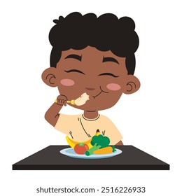 afro american boy eating vegan food isolated