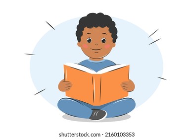 Afro American boy kid reading book. Knowledge and education concept. Vector illustration