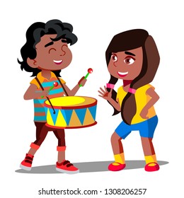 Afro American Boy Playing Drum Next To Dancing Afro American Girl Vector. Isolated Illustration