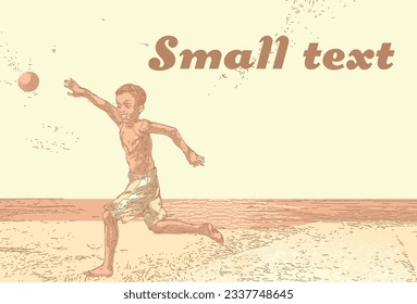 Afro american boy playing on the beach. Retro engraving style.