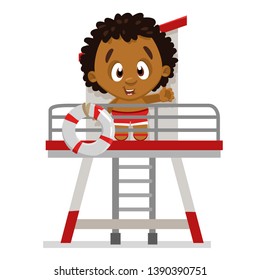 Afro american boy standing on lifeguard tower with flotation ring. Cute boy looking from beach stand in summer. Young rescuer. Cartoon vector illustration isolated on white background.