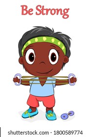 afro american boy strengthens his body by stretching springs to be strong and healthy hand drawn vector illustration suitable for promoting children's sport