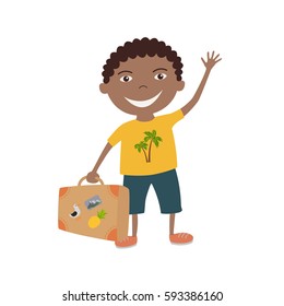 Afro American boy with a suitcase, vector illustration