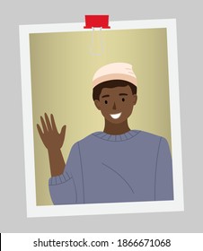 Afro american boy wave his hand. Male character shows greeting gesture with hand. Boy in sweater smiles and raises his hand. Light hat on the boy's head, photo card isolated on white background