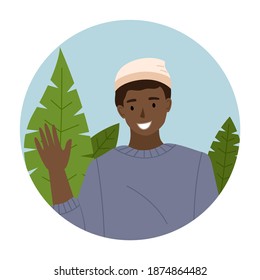 Afro american boy wave his hand. Male character shows greeting gesture. Boy in sweater, smiles and raises his hand. Forest with trees, round frame illustration, isolated on white background