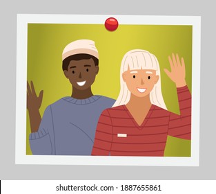 Afro american boy waves his hand. Male character is standing next to the girl. Boy in sweater smiles and raises his hand. Light hat on the boy's head, photo card isolated on white background