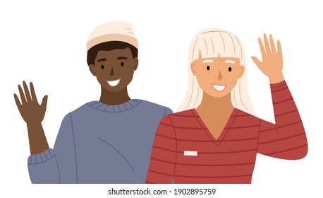 Afro american boy is waving his hand. Male character is standing next to the girl. Female character in sweater is smiling and raises her hand. Vector illustration isolated on white background