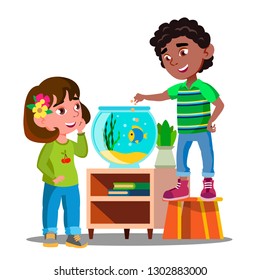 Afro American Boy And White Girl Whatch And Feed Fish In Aquarium Together Vector. Isolated Illustration