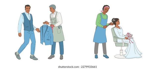 Afro American bride and  groom is preparing for wedding day, hairdresser makes the bride's hairstyle, tailor proposal suit for groom,  color vector illustration