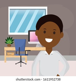 afro american business man office desk computer chair plant vector illustration