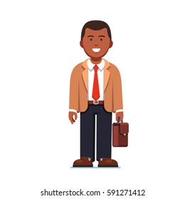 Afro American business man standing with suitcase in hands. Full-length portrait of young office worker. Flat style modern vector illustration isolated on white background.