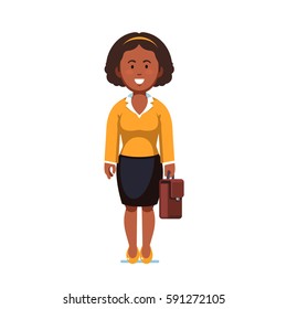 Afro american business woman standing with suitcase in hands. Full-length portrait of young office worker. Flat style modern vector illustration isolated on white background.