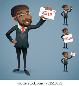 Afro American Businessman   African European Character Demonstration Call Card Greeting  OK Hand  Vintage Icons Set Retro Cartoon Design Vector Illustration